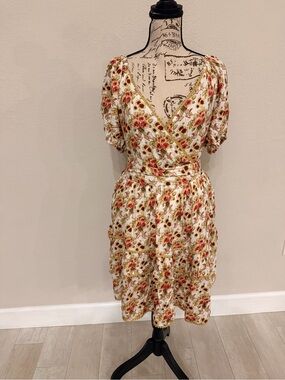 Floral Midi Dress in Cream with Pink red Roses